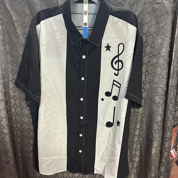 Men's Musical Note Black and White Button Down Shirt - Picture 1 of 2